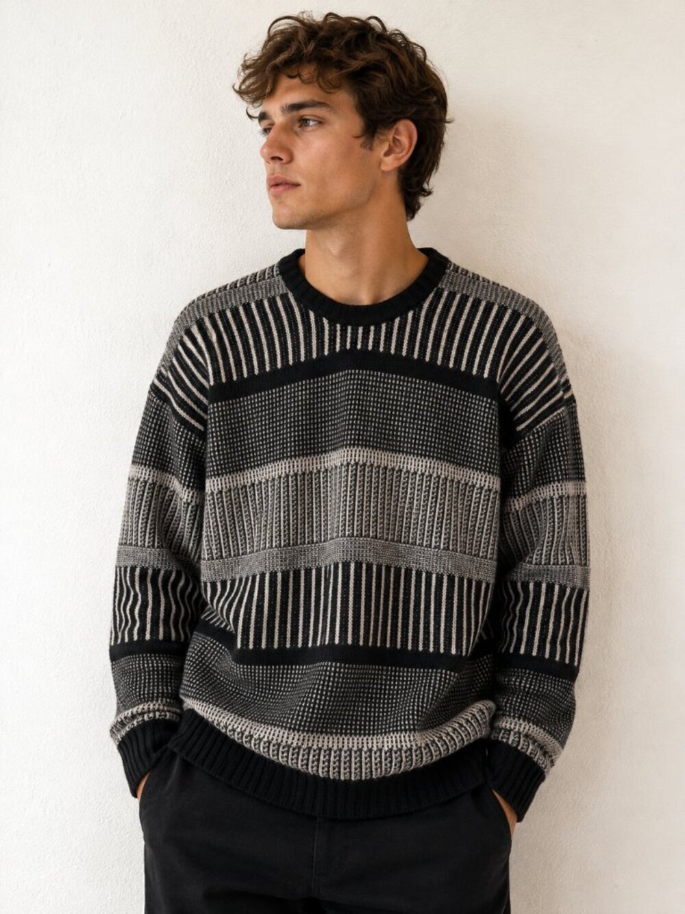 Hollister Black Gray Crewneck Sweater XL Cozy Striped Knit Pullover